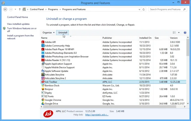 برنامه مورد نظر را انتخاب کرده و سپس روی "Uninstall" کلیک کنید.