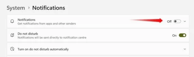 به برگه "System" در سمت چپ بروید و سپس وارد "Notifications" شوید. بعد، سوئیچ کنار گزینه "Notifications" را خاموش کنید