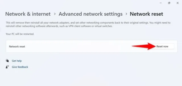 در صفحه بعدی، کنار گزینه "Network Reset"، روی "Reset Now" کلیک کنید.