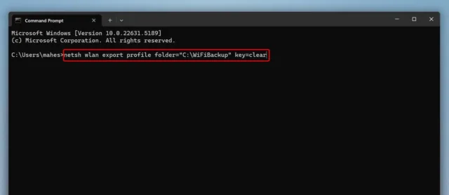 در پنجره Command Prompt، دستور زیر را تایپ کرده و Enter را بزنید:
netsh wlan export profile folder="C:\WiFiBackup" key=clear