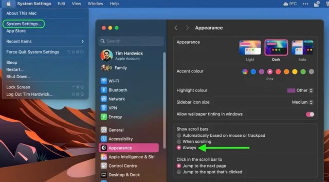 در بخش Show scroll bars (نمایش نوارهای اسکرول)، گزینه‌ی Always (همیشه) را انتخاب کنید تا نوارهای اسکرول همیشه قابل مشاهده باشند
