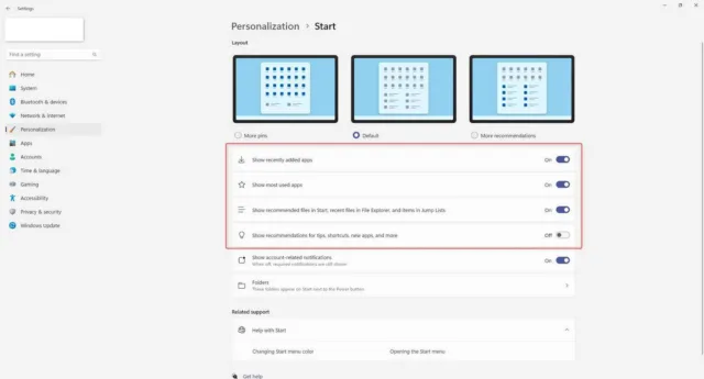  Settings > Personalization > Start