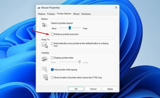 به تب "Pointer Options" بروید و تیک گزینه‌ی "Enhance Pointer Precision" را بردارید. سپس، روی Apply و OK کلیک کنید.