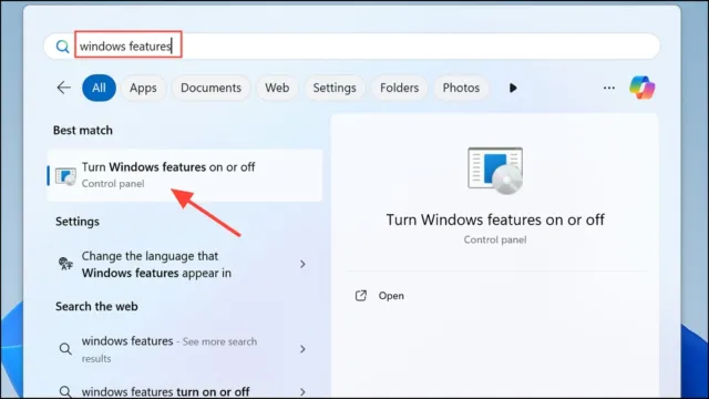 منوی استارت را باز کنید و عبارت Windows Features را جستجو کنید، سپس گزینه Turn Windows features on or off را انتخاب نمایید.