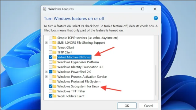 در پنجره‌ی Windows Features، به پایین اسکرول کنید و گزینه‌های Virtual Machine Platform و Windows Subsystem for Linux را علامت بزنید