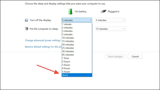  گزینه‌های Turn off the display و Put the computer to sleep را روی Never تنظیم کنید.
