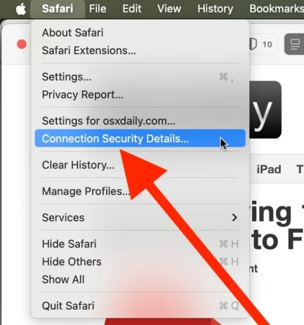 روی منوی “Safari” کلیک کنید و گزینه “Connection Security Details…” را انتخاب کنید