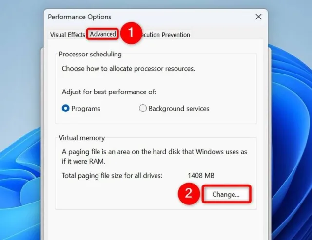 در پنجره Performance Options، به تب "Advanced" بروید. در بخش Virtual Memory، روی "Change" کلیک کنید.