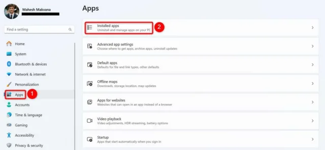  از نوار کناری سمت چپ، گزینه "Apps" را انتخاب کنید. سپس در پنل سمت راست، "Installed Apps" را انتخاب کنید