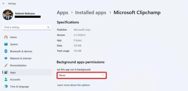 روی منوی کشویی "Let This App Run in Background" کلیک کرده و گزینه "Never" را انتخاب کنید