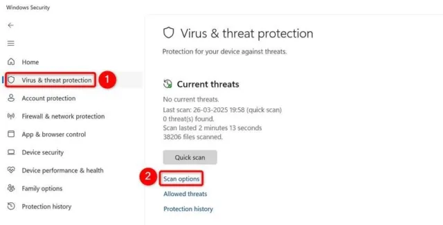 گزینه "Virus & Threat Protection" را انتخاب کرده و "Scan Options" را انتخاب کنید