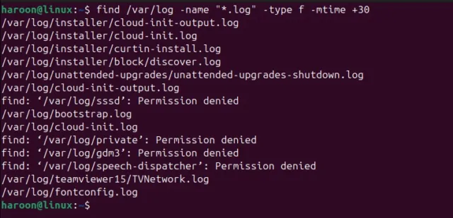 find /var/log -name "*.log" -type f -mtime +30