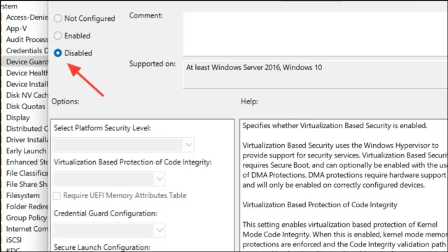 در بخش Secure Launch Configuration، سیاست را روی Disabled قرار دهید