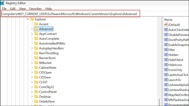 HKEY_CURRENT_USER\Software\Microsoft\Windows\CurrentVersion\Explorer\Advanced
