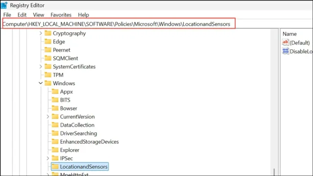 در ویرایشگر رجیستری به مسیر زیر بروید:
HKEY_LOCAL_MACHINE\SOFTWARE\Policies\Microsoft\Windows\LocationAndSensors