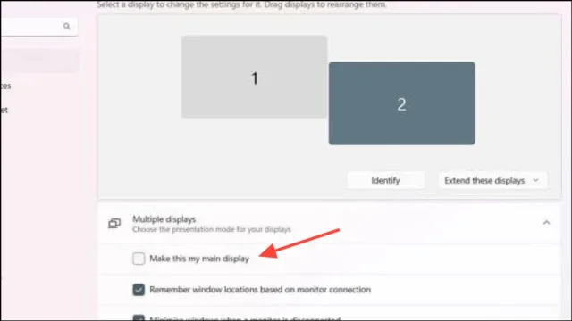 برای کنترل محل نمایش دسکتاپ و باز شدن برنامه‌های جدید از گزینه "Make this my main display" (این را نمایشگر اصلی من قرار بده) استفاده کنید.