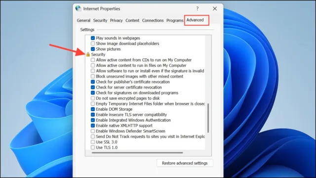به تب Advanced بروید. سپس به بخش Security پایین صفحه اسکرول کنید
