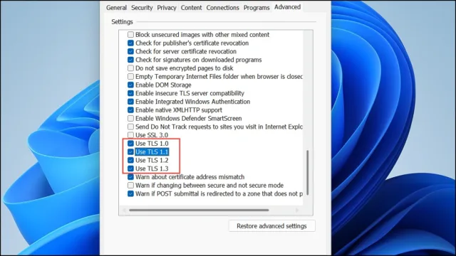مطمئن شوید که گزینه‌های Use TLS 1.0، Use TLS 1.1 و Use TLS 1.2 تیک خورده‌اند