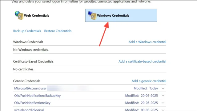 کنترل پنل را باز کنید، به User Accounts > Credential Manager بروید و سپس Windows Credentials را انتخاب کنید
