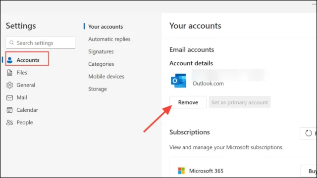 وارد تنظیمات Outlook شوید، به بخش Accounts بروید، حساب مورد نظر را انتخاب کرده و گزینه Remove را بزنید