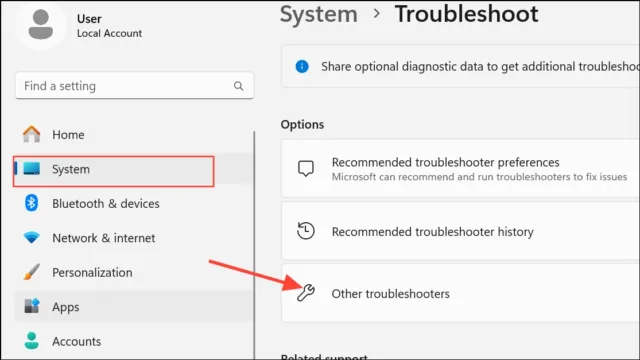 System > Troubleshoot > Other troubleshooters