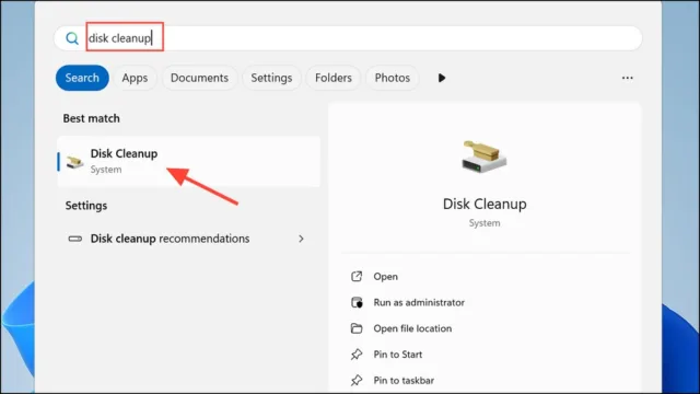 کلیدهای Win + S را فشار دهید، «Disk Cleanup» را تایپ کرده و ابزار را انتخاب کنید.
