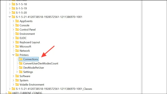 به مسیر زیر بروید:
HKEY_USERS\[Your_SID]\Printers\Connections
