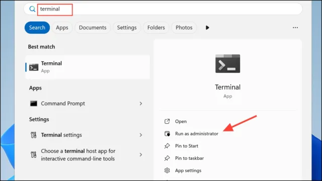 در نتایج، روی Windows Terminal راست‌کلیک کرده و گزینه «Run as administrator» را انتخاب کنید