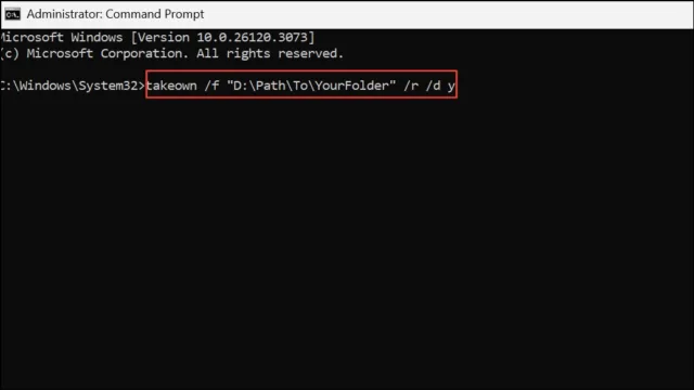 takeown /f "D:\Path\To\YourFolder" /r /d y