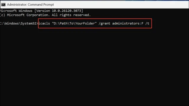 icacls "D:\Path\To\YourFolder" /grant administrators:F /t