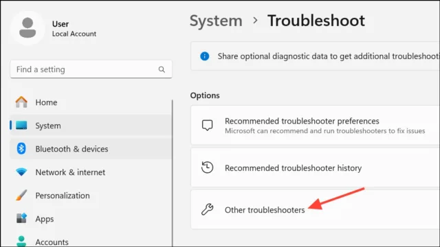 به مسیر System > Troubleshoot > Other troubleshooters بروید.