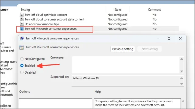 روی گزینه Turn off Microsoft consumer experiences دوبار کلیک کنید و آن را روی Enabled قرار دهید