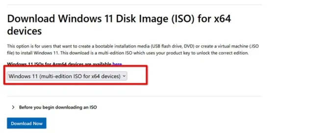  به بخش «Download Windows 11 Disk Image» برسید. از منوی کشویی، نسخه مورد نظر ویندوز را انتخاب کنید