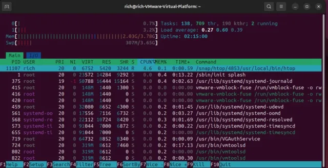 htop یا top – نظارت زنده بر پردازش‌ها