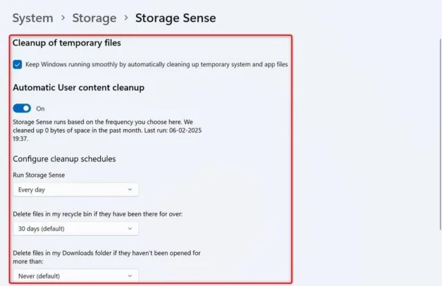 انتخاب Run Storage Sense