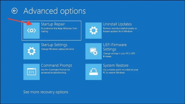 Troubleshoot > Advanced options > Startup Repair