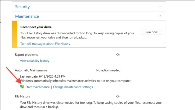 انتخاب گزینه Start maintenance