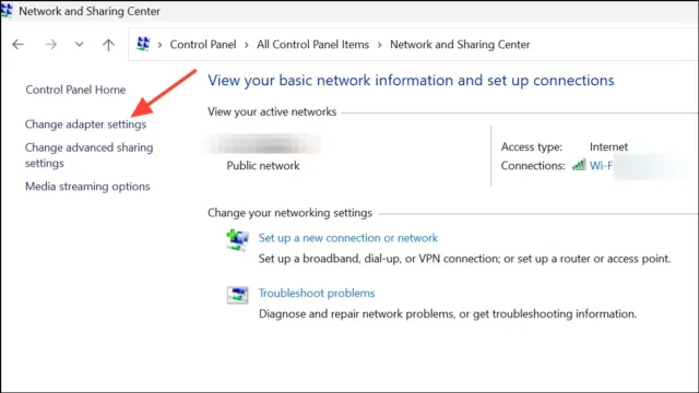 کلیک روی Change adapter settings