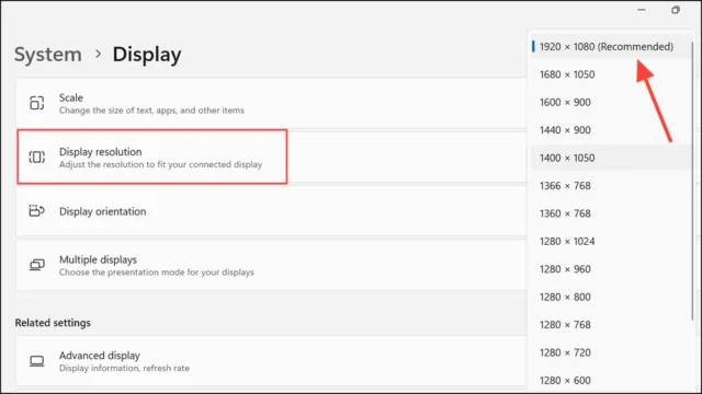 انتخاب Display Resolution