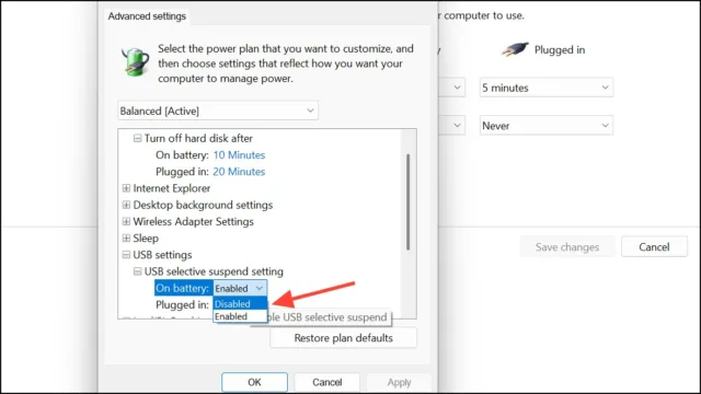 گزینه «USB selective suspend setting» را پیدا کنید. این گزینه را روی «Disabled» قرار دهید