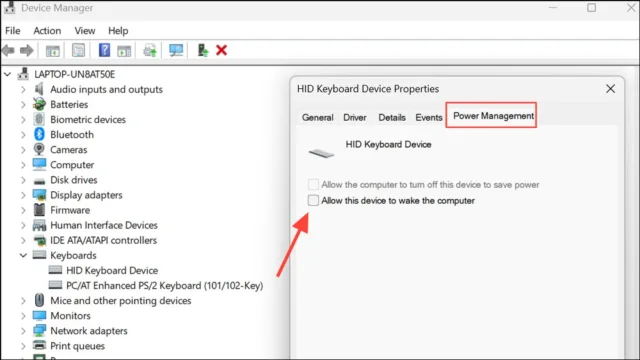 به تب «Power Management» بروید. مطمئن شوید گزینه «Allow this device to wake the computer» فعال (تیک خورده) باشد