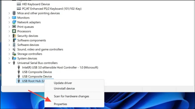 بخش «Universal Serial Bus controllers» را باز کنید. برای هر مورد «USB Root Hub»، راست‌کلیک کنید، گزینه «Properties» را انتخاب کنید