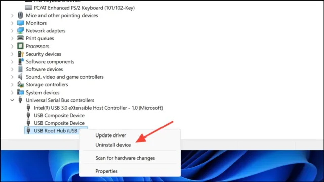  روی هر «USB Root Hub» یا کنترلر راست‌کلیک کرده و «Uninstall device» را انتخاب کنید، سپس سیستم را ری‌استارت کنید