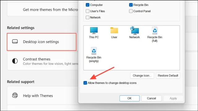 گزینه «Allow themes to change desktop icons» را غیرفعال کنید