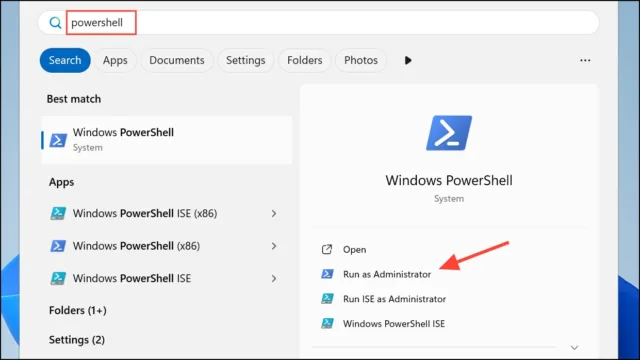  عبارت powershell را تایپ کنید، روی Windows PowerShell راست‌کلیک کرده و گزینه Run as administrator را انتخاب کنید