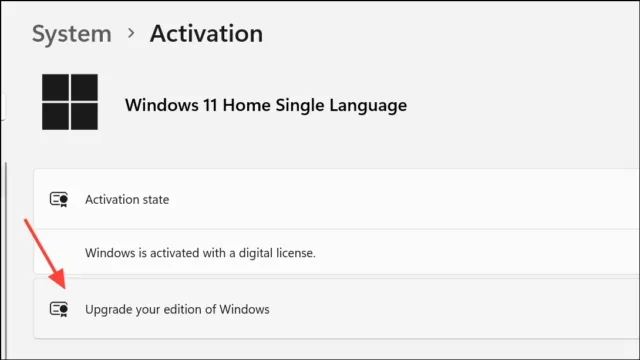 در زیر منوی کشویی وضعیت فعال‌سازی (Activation state)، روی گزینه «Upgrade your edition of Windows» کلیک کنید تا باز شود.