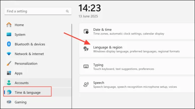 گزینه Time & Language را انتخاب کنید، سپس در سمت راست روی Language & Region کلیک کنید