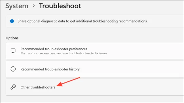 برنامه Settings را باز کنید و به مسیر System > Troubleshoot > Other troubleshooters بروید