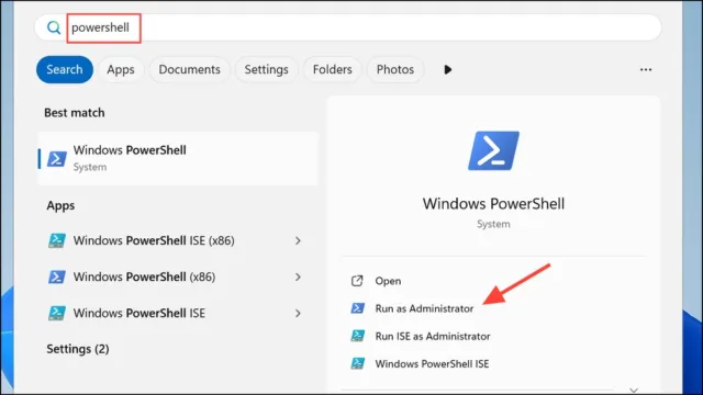 در منوی استارت عبارت PowerShell را جستجو کنید، روی نتیجه کلیک راست کرده و گزینه Run as administrator را انتخاب کنید