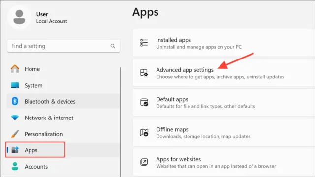 وارد تنظیمات شوید، سپس به مسیر Apps > Advanced app settings بروید